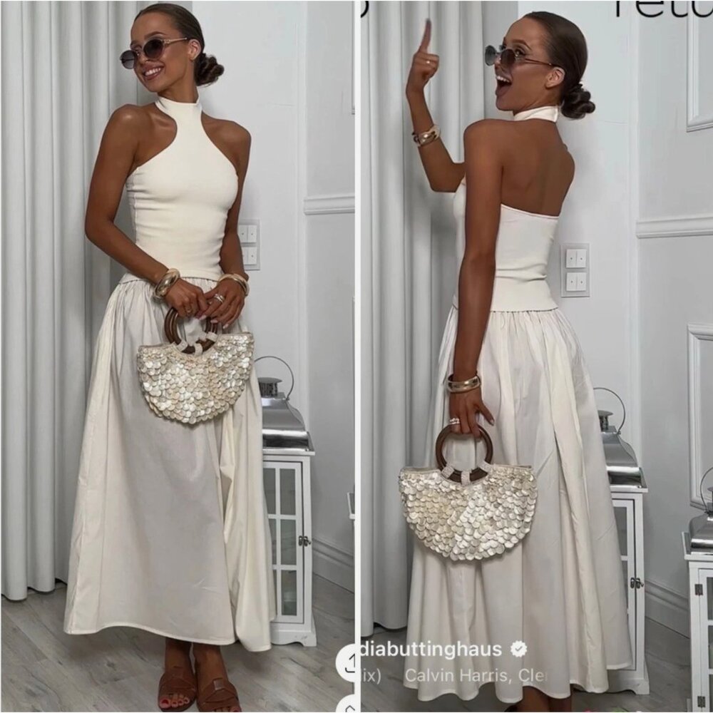 ZARA NEW COMBINATION HALTER MIDI DRESS OPEN-BACK WHITE 4174/202 S L XL